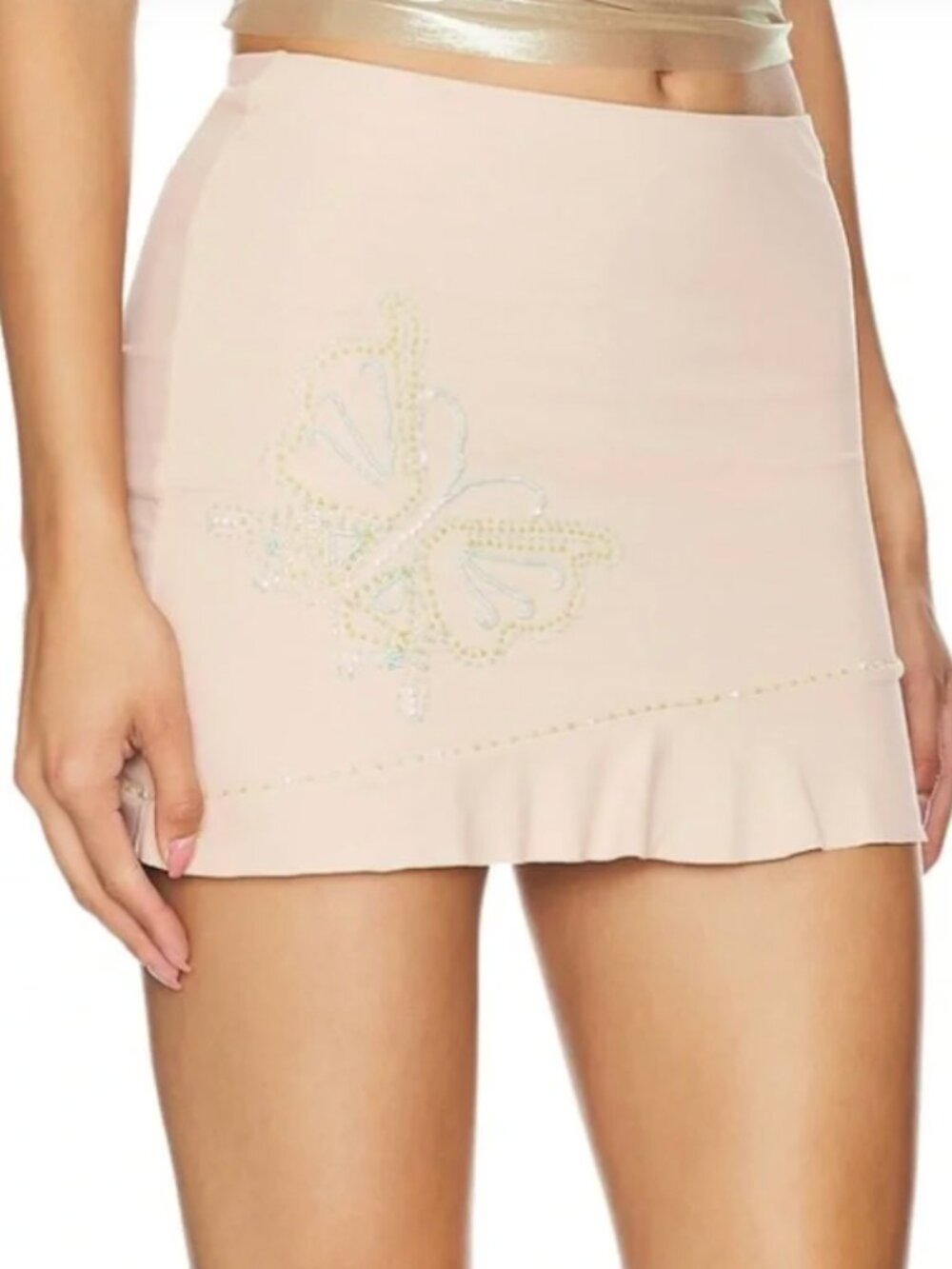 INDAH Penelope Rhinestone Butterfly Mini Skirt Nude XS